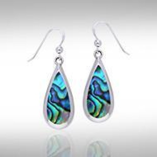 Pear Cabochon Paua Shell Gem Silver Earrings