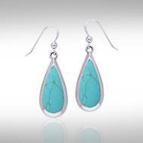 Pear Cabochon Turquoise Gem Silver Earrings