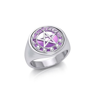 Pentacle with Moon Phases Amethyst Flip Ring