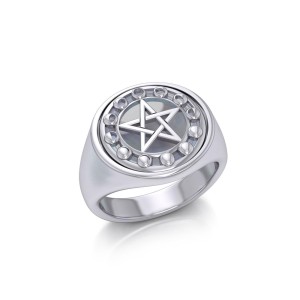 Pentacle with Moon Phases Rainbow Moonstone Flip Ring