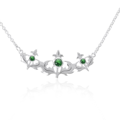 Scottish Thistle Necklace with Emerald Gems