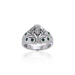 Scottish Thistle Ring with Emerald Gemstones