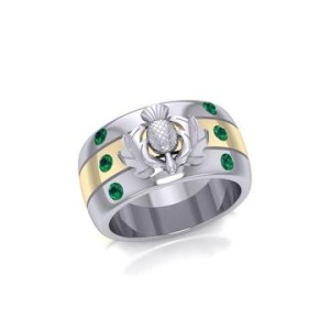 Scottish Thistle Ring with 18k Gold Accent and Emeralds