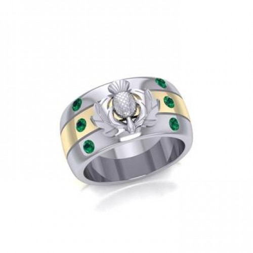 Scottish Thistle Ring with 18k Gold Accent and Emeralds