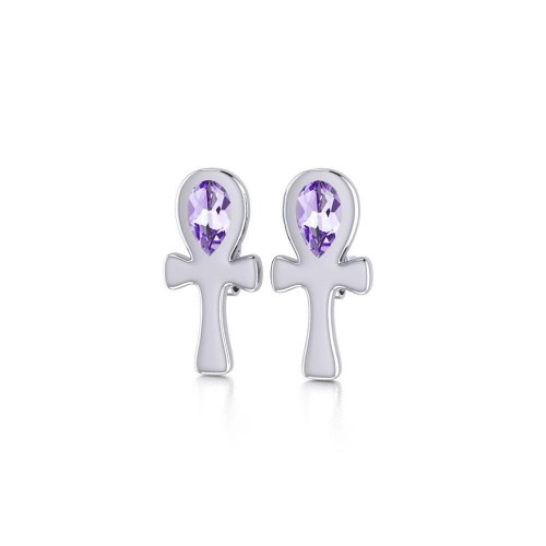 Silver Ankh Post Earrings with Amethyst Gemstones