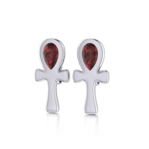 Silver Ankh Post Earrings with Garnet Gemstones