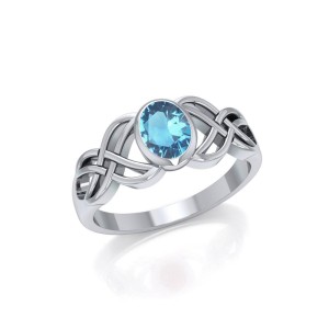 Silver Celtic Knotwork Ring with Aquamarine Birthstone