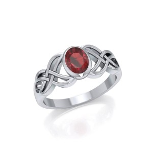 Silver Celtic Knotwork Ring with Garnet Birthstone