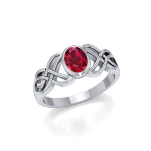 Silver Celtic Knotwork Ring with Ruby Birthstone