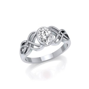 Silver Celtic Knotwork Ring with White Cubic Zirconia Birthstone