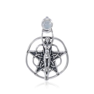 Silver Star Goddess Pendant with Rainbow Moonstone Gem