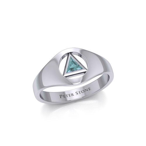 Small Silver Ring with Inlaid Blue Topaz Recovery Symbol