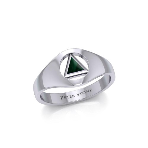 Small Silver Ring with Inlaid Malachite Recovery Symbol