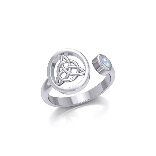Small Round Triquetra Ring with Rainbow Moonstone Gemstone