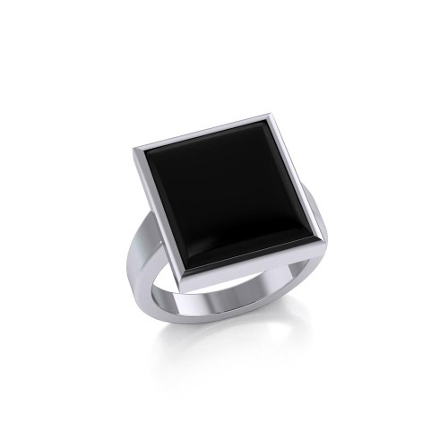Square Inlaid Black Onyx Stone Ring 