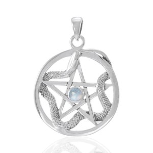 Star and Weaving Snake Silver Pendant with Rainbow Moonstone