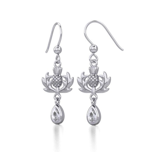 Thistle Earrings with Teardrop White Cubic Zirconia Gem