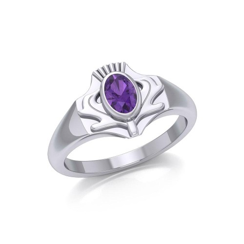 Thistle Silver Ring with Amethyst Gemstone