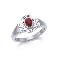 Thistle Silver Ring with Garnet Gemstone