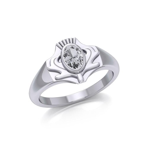 Thistle Silver Ring with White Cubic Zirconia Gemstone