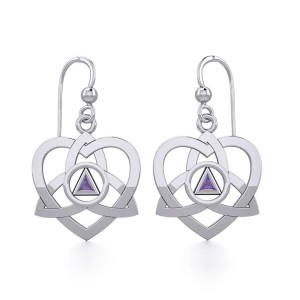 Trinity Heart Earrings with Inlaid Amethyst Recovery Symbol