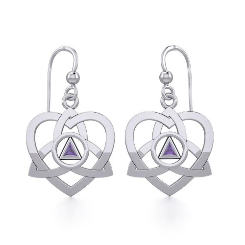 Trinity Heart Earrings with Inlaid Amethyst Recovery Symbol