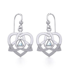 Trinity Heart Earrings with Inlaid Blue Topaz Recovery Symbol