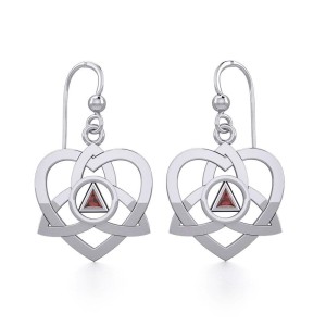 Trinity Heart Earrings with Inlaid Garnet Recovery Symbol