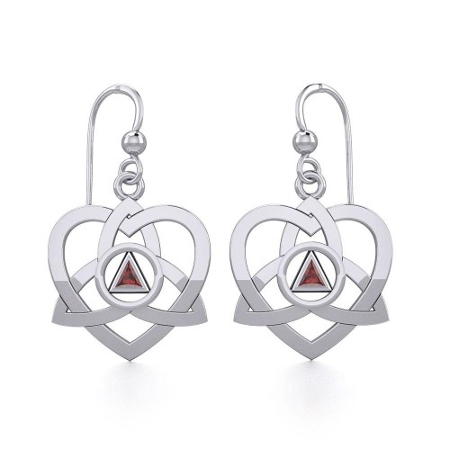 Trinity Heart Earrings with Inlaid Garnet Recovery Symbol