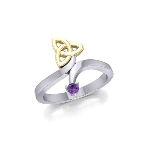 Celtic Trinity Knot with Amethyst Gem Silver and Gold Ring 