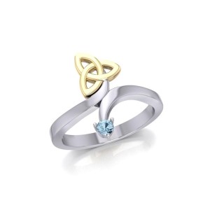 Celtic Trinity Knot with Aquamarine Gem Silver and Gold Ring 