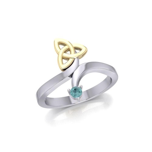 Celtic Trinity Knot with Blue Topaz Gem Silver and Gold Ring 