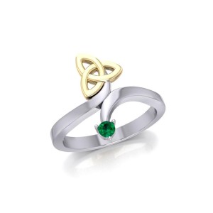 Celtic Trinity Knot with Emerald Gem Silver and Gold Ring 