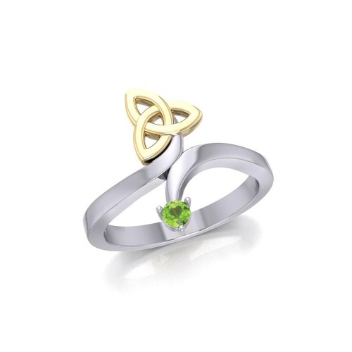 Celtic Trinity Knot with Peridot Gem Silver and Gold Ring 