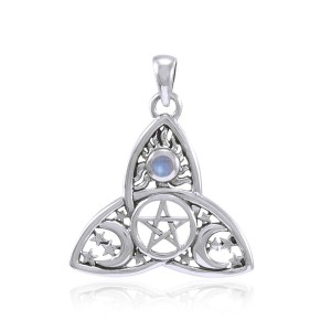 Triquetra Sun Moon & Stars with Rainbow Moonstone Pendant