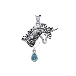 Unicorn Silver Pendant with Dangling Blue Topaz Gemstone