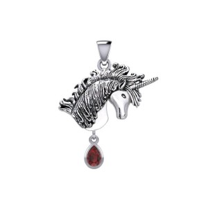 Unicorn Silver Pendant with Dangling Garnet Gemstone