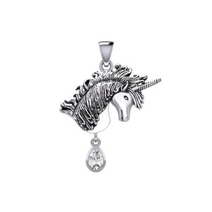 Unicorn Silver Pendant with Dangling White Cubic Zirconia Gemstone