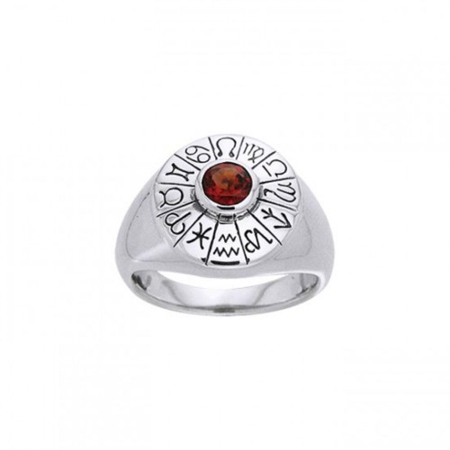 Wheel of the Year Silver Ring with Garnet