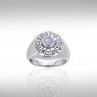Wheel of the Year Silver Ring with Rainbow Moonstone
