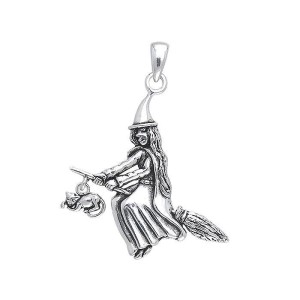 Witch with Cat on Broomstick Pendant