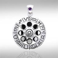 Zodiac Symbol Moon Phase Wheel Pendant with Amethyst